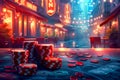 Vibrant Digital Artwork of Neon Lit Urban Scene with Casino Chips and Dice on Foreground, Fantasy Cityscape at Night