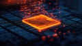 Vibrant digital circuit with glowing orange processor and data flow, representing technology and innovation in computing