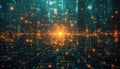 Futuristic digital cityscape with glowing data connections and bright central light Royalty Free Stock Photo