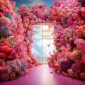 Vibrant digital collage of an immersive floral wonderland in a photobooth setup