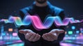 Vibrant Digital Data Stream Flowing Above Cupped Hands, Symbolizing Connectivity, Innovation, and the Future of Information Royalty Free Stock Photo
