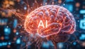 digital depiction of a brain symbolizing artificial intelligence, with glowing circuits and the letters \