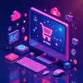 This vibrant digital display features a computer with AI tools shopping cart icons and various technology elements showcasing the Royalty Free Stock Photo