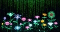 Digital Flowers Blooming in Binary Code Rain, Futuristic Technology and Nature Concept Royalty Free Stock Photo