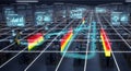 Futuristic digital grid overlaying a data center with holographic displays and thermal imaging Royalty Free Stock Photo