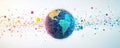 Digital illustration of the Earth surrounded by colorful data points in a networked global concept