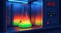 A digital illustration of a laboratory experiment with a conical flask containing green liquid surrounded by fiery orange flames Royalty Free Stock Photo