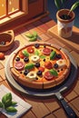 Vibrant Digital Illustration of Fresh Homemade Pizza on Wooden Table