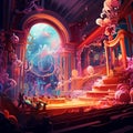 Vibrant Digital Illustration of a Grand Concert Hall with Musical Instruments