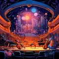 Vibrant Digital Illustration of a Grand Concert Hall with Musical Instruments