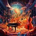 Vibrant Digital Illustration of a Grand Concert Hall with Musical Instruments