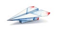 Colorful paper airplane with red and blue splatter pattern on white background Royalty Free Stock Photo