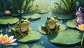 Serene Frogs on Lilypads with Bubbles Royalty Free Stock Photo