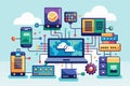 A vibrant digital illustration shows various data processors linked to a central computer with cloud imagery, Data processors, Royalty Free Stock Photo