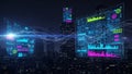 Futuristic digital interfaces overlaying a nighttime cityscape with glowing data streams technology Royalty Free Stock Photo