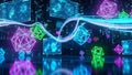 Futuristic digital interface with glowing geometric shapes and data streams technology Royalty Free Stock Photo