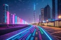 A vibrant digital landscape filled with colorful binary code and illuminated pathways in a futuristic setting at night - generated