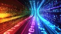 A vibrant digital landscape with flowing binary code representing data movement Royalty Free Stock Photo