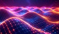 Vibrant Digital Landscape with Glowing Waves and Grid Pattern Royalty Free Stock Photo