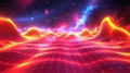 Futuristic Landscape with Glowing Mesh and Nebula in Deep Space Royalty Free Stock Photo