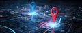 The vibrant digital map showcasing location pins in an urban setting. AI generated image Royalty Free Stock Photo
