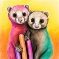 Vibrant Digital Painting Of Ferrets With Colorful Crayons