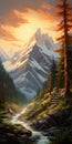 Vibrant Digital Painting Of Majestic Mountains And Serene Forest