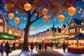 A Vibrant Digital Painting Showcasing an Imaginative Town Square: Each Corner Dedicated to a Different Fantasy Realm