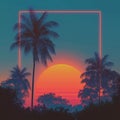 Tropical Sunset with Neon Frame and Palm Trees at Dusk. Royalty Free Stock Photo