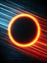 Vibrant Digital Representation of a Solar Eclipse With Glowing Edges and Dynamic Light Streaks Across a Dark Background Royalty Free Stock Photo