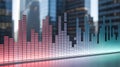 Vibrant Digital Sound Equalizer or Data Visualization Bars with Gradient Colors Reflecting on a Surface Against Blurred Cityscape Royalty Free Stock Photo