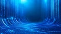 Digital blue background with flowing binary code and futuristic elements in a virtual environment