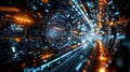 Futuristic digital tunnel with vibrant glowing particles and intricate patterns during a technological visualization