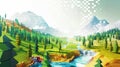 Vibrant Digital Valley with Pixelated River and Mountain Backdrop