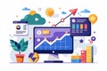 A vibrant digital workspace features charts, graphs, and plants, illustrating data analysis activities Working on a project Royalty Free Stock Photo
