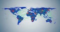 Detailed digital world map illustrating global network connections and data flow between major cities. Royalty Free Stock Photo
