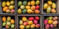 Vibrant display of assorted mangoes in rustic wooden crates, AI Generative