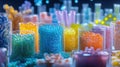 A vibrant display of biodegradable bioplastics in various shapes and forms arranged orderly illuminated under bright Royalty Free Stock Photo