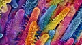 A vibrant display of colorful bacterial colonies growing side by side forming a mesmerizing pattern reminiscent of