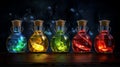 A vibrant display of colorful glass bottles filled with various liquids. Generative ai