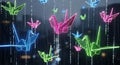 Neon Origami Cranes Flying in Digital Rain, Futuristic Abstract Background Royalty Free Stock Photo