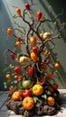 Vibrant display of colorful peppers and pumpkins on artistic twisting branches Royalty Free Stock Photo