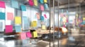 The vibrant display of colorful sticky notes in a modern office environment..AI generated image Royalty Free Stock Photo
