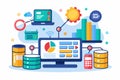 A vibrant display of data analysis concepts featuring charts, computers, and databases for effective database management and Royalty Free Stock Photo