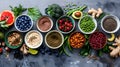 Assorted healthy foods displayed on dark background. Colorful fruits, vegetables, and grains. Perfect for nutrition and Royalty Free Stock Photo