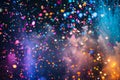A vibrant display of fireworks bursting and illuminating the night sky in a dazzling array of colors, Vibrant confetti shower Royalty Free Stock Photo