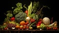 A Vibrant Display of Fresh, Colorful Vegetables and Fruits on a Dark Background Royalty Free Stock Photo