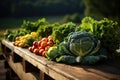 A vibrant display of fresh, organic vegetables on a rustic wooden table.