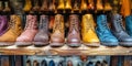 A vibrant display of handcrafted boots in a rustic workshop, showcasing diverse styles and colors Royalty Free Stock Photo