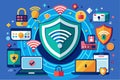 A vibrant display illustrating Wi-Fi security concepts, including locks and connected devices on a blue backdrop, Wi-fi internet